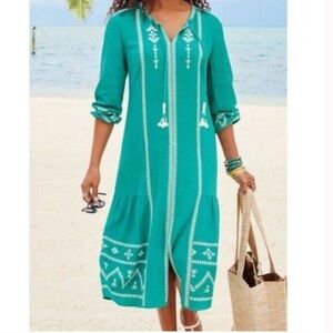 Soft Surroundings Green Embroidered Midi Dress